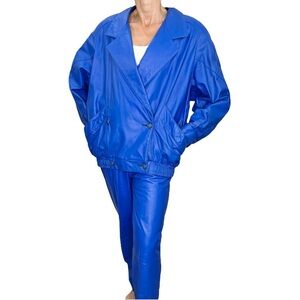 Vintage 80s genuine leather blue padded shoulder batwing bomber pant suit set 14